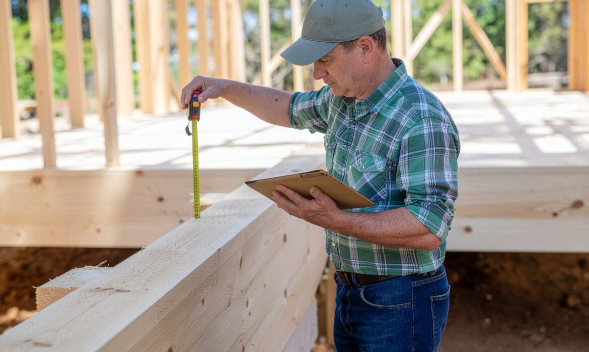Specialist measuring a project site to calculate an accurate building quote.