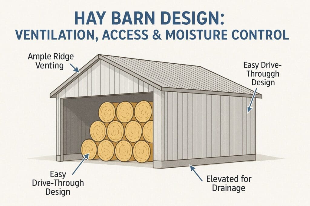 Hay barn with ridge ventilation, open access, and elevated floor for moisture control