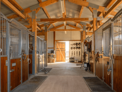 Interior of a horse barn showing stalls, wide aisle, and organized tack room