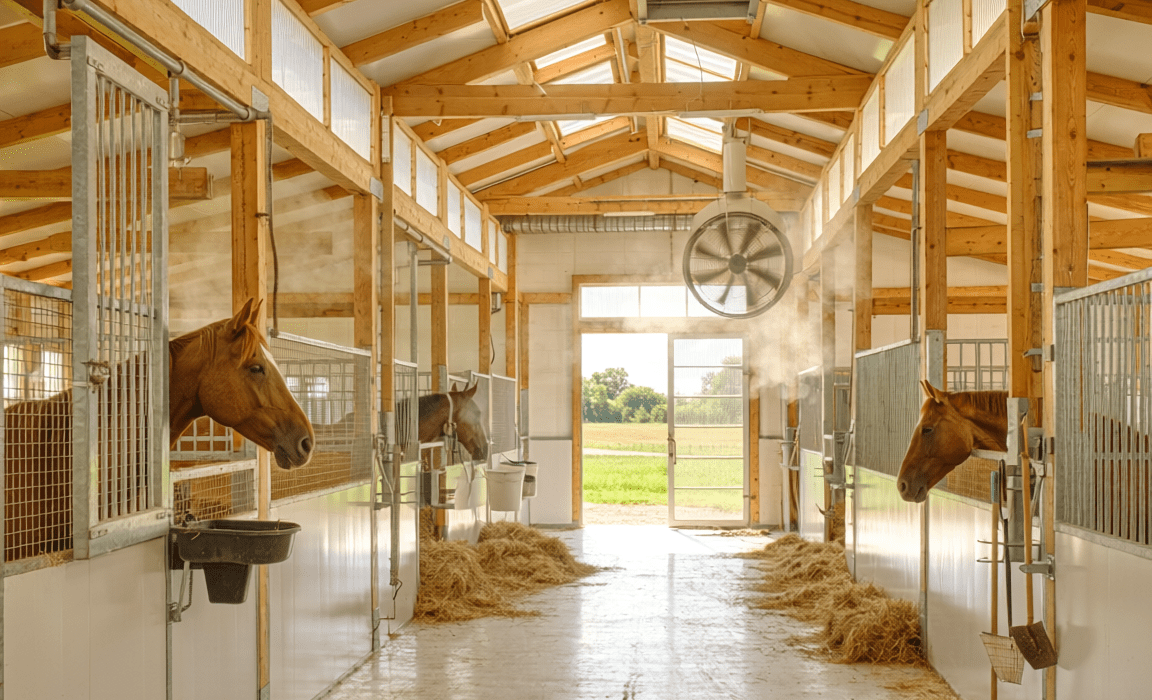 Horse barn with open windows, ridge vents, and bright natural lighting