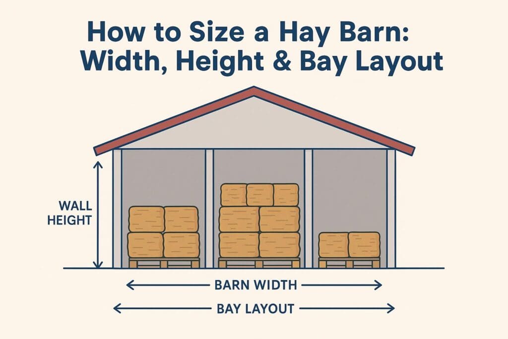 Hay barn sizing diagram showing barn width, wall height, and bay layout for hay storage