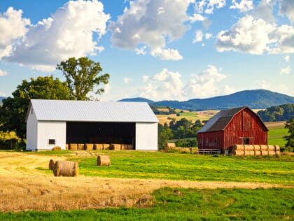Pole barn and traditional barn side by side showing hay storage options
