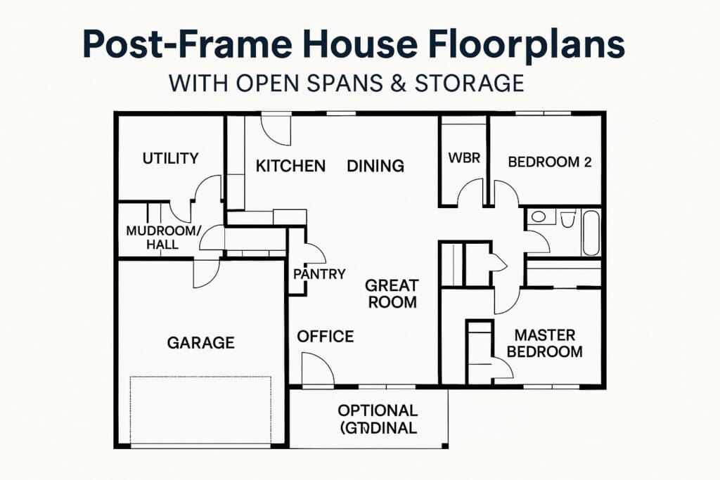 Post‑frame house floorplan showing open spans and integrated storage building layout