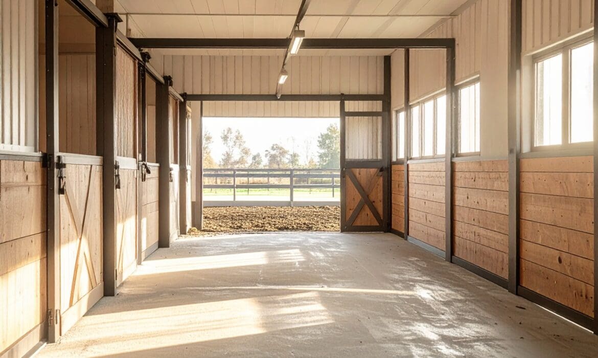 Horse barn with open windows, ridge vents, and bright natural lighting.