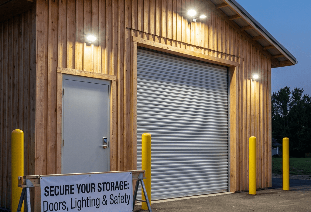 Secure storage building with strong doors, bright exterior lighting, and safety features for safe access and protection.