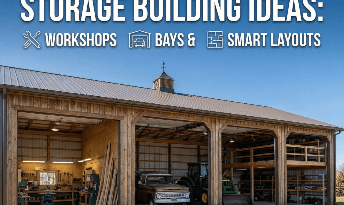 Post‑frame storage building with workshop space, equipment bays, and organized layout