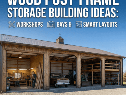 Post‑frame storage building with workshop space, equipment bays, and organized layout