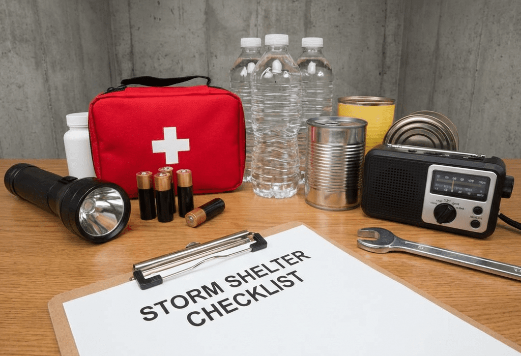 Storm shelter checklist with supplies and simple maintenance items.