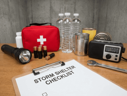 Storm shelter checklist with supplies and simple maintenance items.