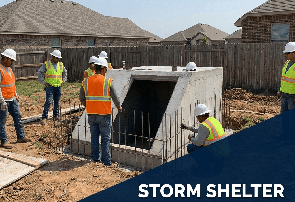 Storm shelter construction showing reinforced materials for strength and durability.