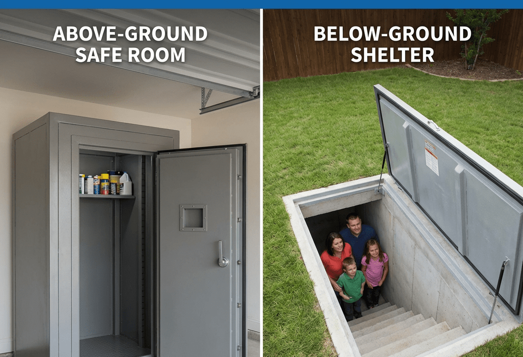 Safe room and below-ground storm shelter options for home tornado safety.