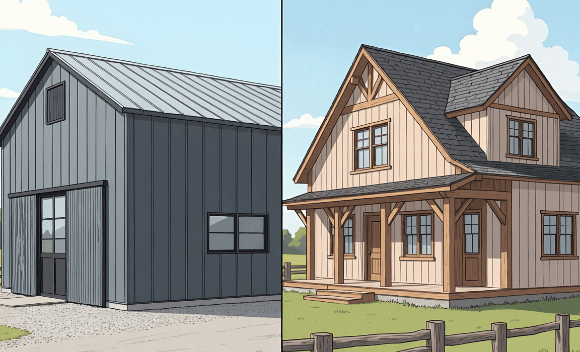 Barndominium and post‑frame house comparison showing layout and structural differences