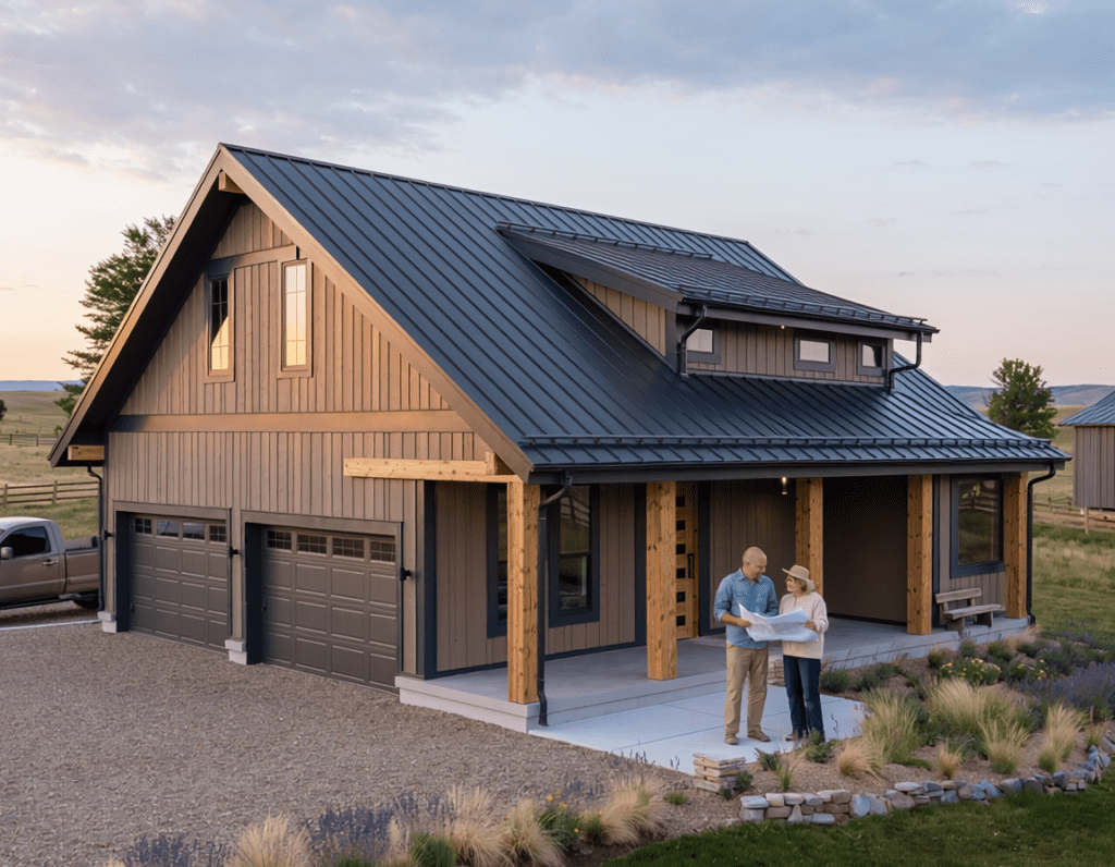 Modern post-frame home exterior showing open-span design and durable materials