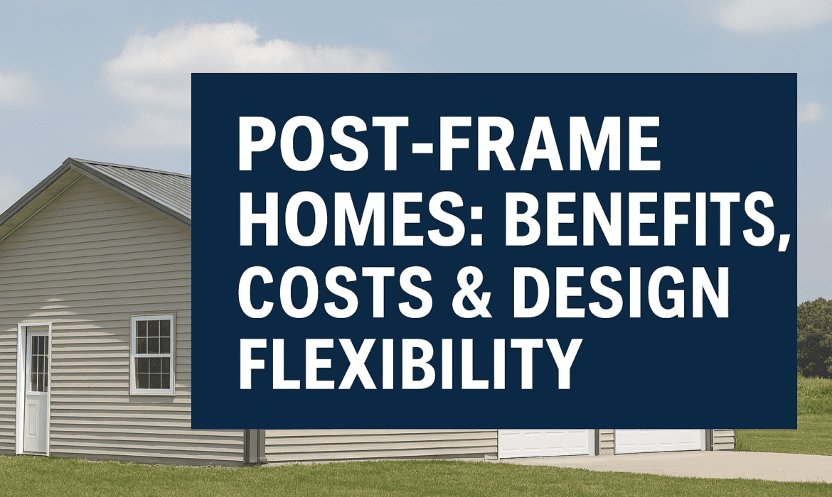 Modern post-frame home exterior showing open-span design and durable materialsModern post-frame home exterior showing open-span design and durable materials