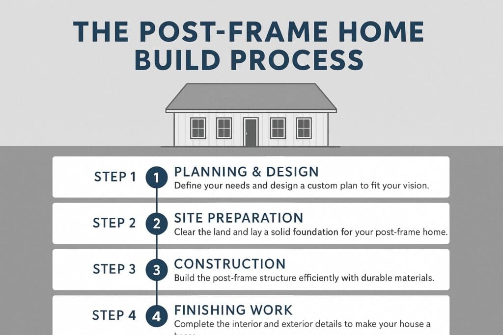 Post‑frame home build process showing planning, site prep, construction, and finishing steps