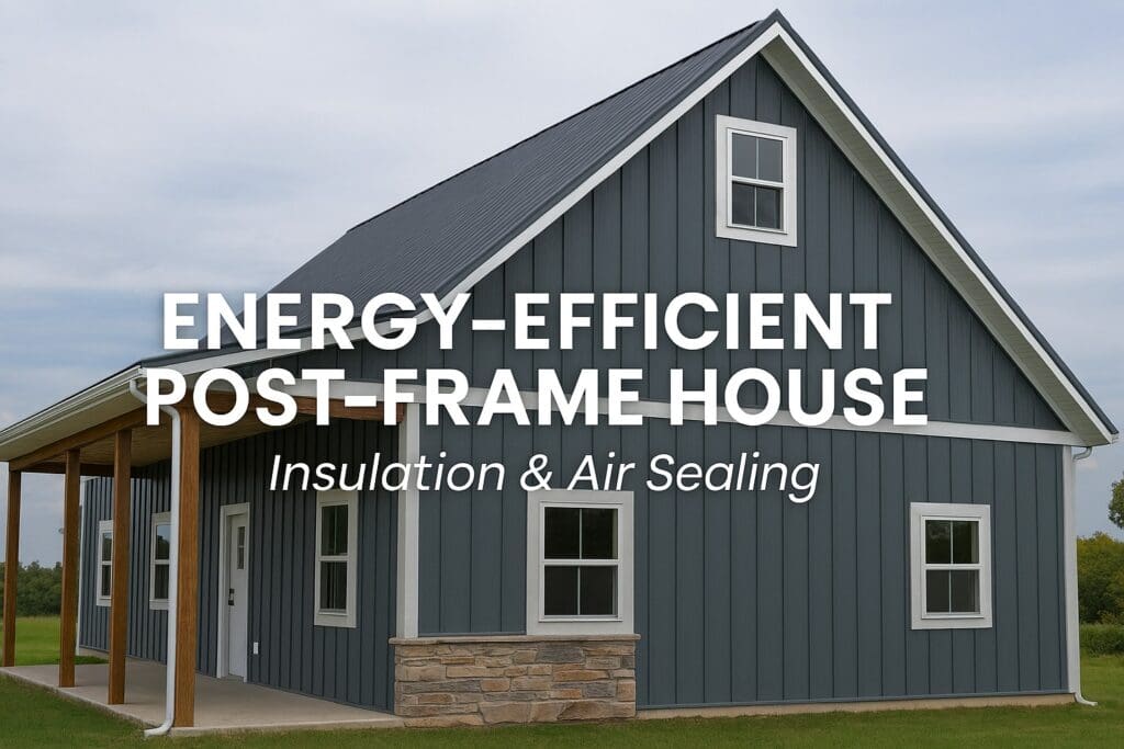 Energy‑efficient post‑frame house showing insulation depth and airtight building design