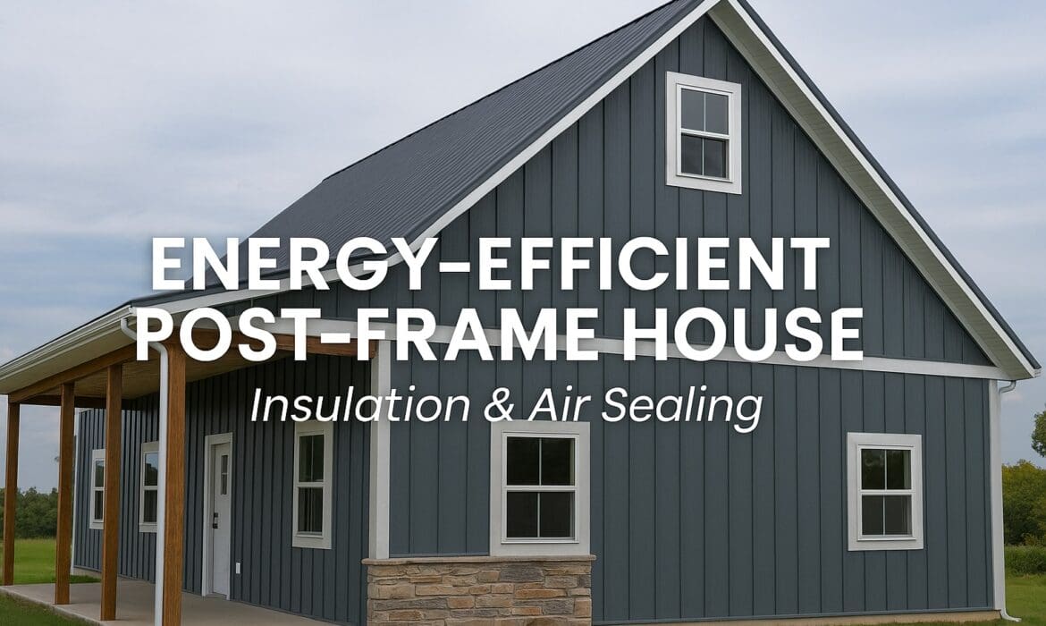 Energy‑efficient post‑frame house showing insulation depth and airtight building design